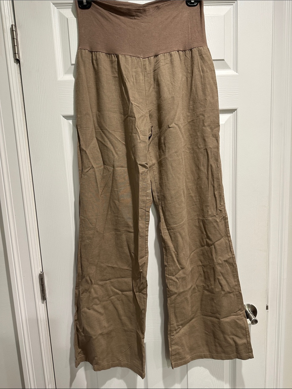 Love Tree Women's Tan Wide-Leg Pants with stretchy Brown Waistband